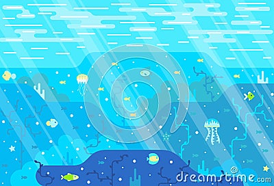 Seabed, fish and algae - vector cartoon illustration in flat stile Vector Illustration