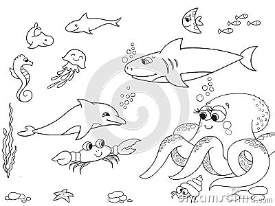 Seabed with marine animals object. Vector coloring for kids, cartoon. Vector Illustration