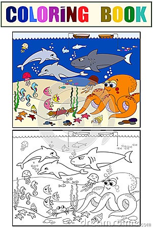 Seabed with marine animals. Vector coloring for kids, cartoon. Vector Illustration