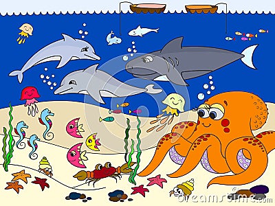 Seabed with marine animals. Vector for kids, cartoon. Vector Illustration