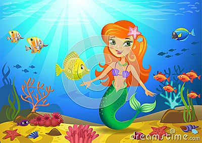 Seabed with mermaid and corals Vector Illustration