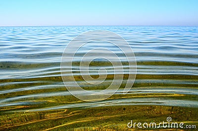 Seabed is seen through a clean and clear water. Small waves on the sea surface in summer Stock Photo