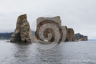 Seabird flying between eroded parts of the famous limestone PercÃ© Rock Stock Photo