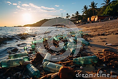 Seaboard marred by discarded plastic and debris, epitomizing dire beach pollution consequences Stock Photo