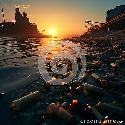 Seaboard marred by discarded plastic and debris, epitomizing dire beach pollution consequences Stock Photo