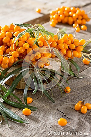 Seabuckthorn berries branch on vintage wooden background. Autumn background Stock Photo