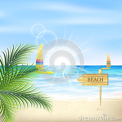 Seacoast with palm leaves, sunshine, beach and sailboats. Vector Illustration