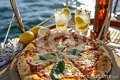 Seafaring Pizza Feast with Lemonade on a Yacht. A yacht's feast featuring Margherita pizza paired with lemonade Stock Photo