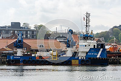 Seafast ship, Isle of Jura DAMEN RSV 3315 Offshore Service Vessel in the harbour at Whitby, UK Editorial Stock Photo