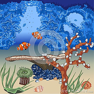 The seafloor with coral reefs. Inhabitants of the ocean. Stock Photo