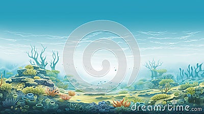 Seafloor with rich wildlife. Corals and sponges, living organisms in the tropical sea. Underwater world. Generative AI Cartoon Illustration