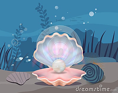 Seafloor, undersea, seabed with huge shell and pearl. Underwater ocean fauna, bottom of sea Vector Illustration