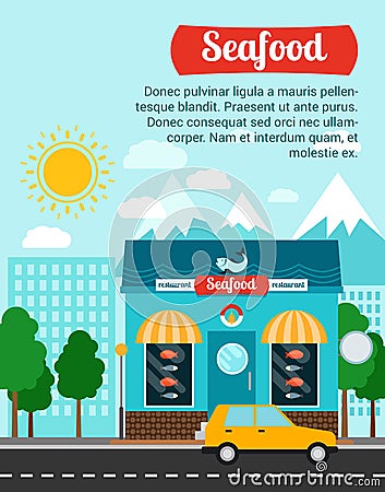 Seafood advertising banner with shop building Vector Illustration