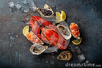 Seafood assorted with lobster, oysters, salmon tartare, black caviar top view Stock Photo