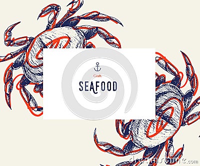 Seafood banner set. Hand drawn crab. Vector restaurant menu. Marine food banner, flyer design. Engraved isolated art Vector Illustration