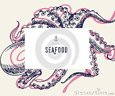 Seafood banner set. Hand drawn octopus. Vector restaurant menu. Marine food banner, flyer design. Engraved isolated art Vector Illustration