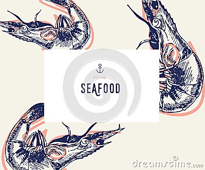 Seafood banner set. Hand drawn shrimp. Vector restaurant menu. Marine food banner, flyer design. Engraved isolated art Vector Illustration