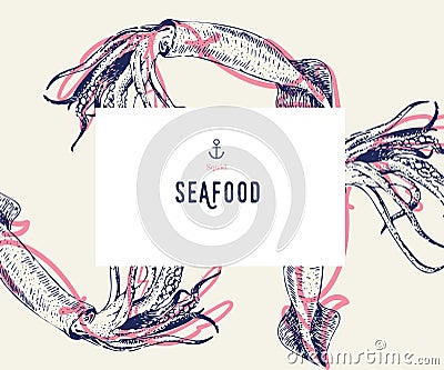 Seafood banner set. Hand drawn squid. Vector restaurant menu. Marine food banner, flyer design. Engraved isolated art Vector Illustration