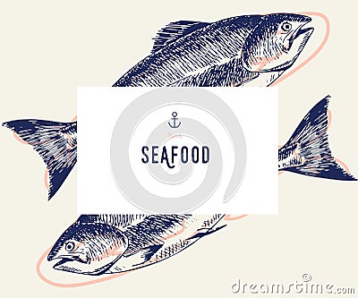 Seafood banner set. Hand drawn tuna fish. Vector restaurant menu. Marine food banner, flyer design. Engraved isolated Vector Illustration