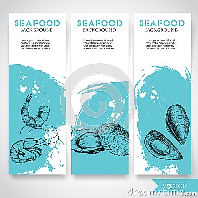 Seafood banner with watercolor blue background and hand drawn food. Sketch fresh shrimp, oysters and mussel shell. Restaurant and Vector Illustration