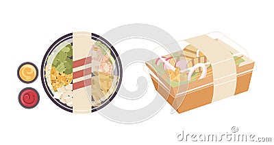 Seafood bento lunch box traditional Japanese or Chinese fast food with spices and sauce packs Vector Illustration