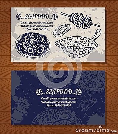 SeaFood business card of delicacies. Fish,octopus Vector Illustration