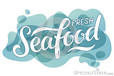 Seafood calligraphy on liquid background Cartoon Illustration