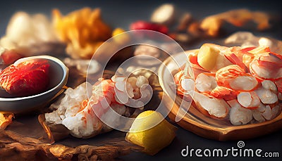 Seafood charcuterie platter board with shrimp, oysters, fish and octopus on black background. Top view, close up Stock Photo