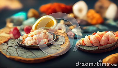 Seafood charcuterie platter board with shrimp, oysters, fish and octopus on black background. Top view, close up Stock Photo