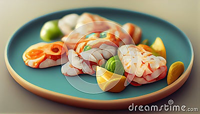 Seafood charcuterie platter board with shrimp, oysters, fish and octopus on black background. Top view, close up Stock Photo