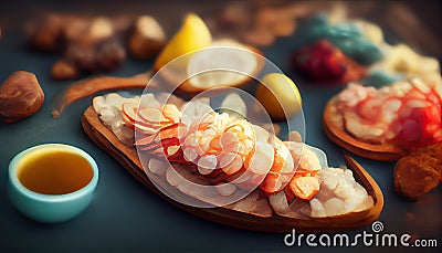 Seafood charcuterie platter board with shrimp, oysters, fish and octopus on black background. Top view, close up Stock Photo