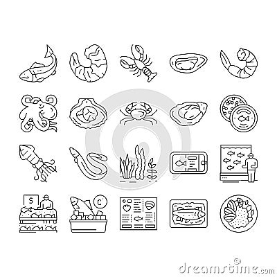 Seafood Cooked Food Dish Menu Icons Set Vector . Vector Illustration
