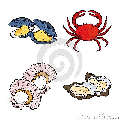 Seafood crab clams mussels oysters menu gourmet fresh icon isolated image Vector Illustration