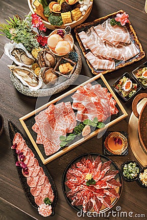 Seafood cuisine plate and beef sliced meat for hot pots. pork slices, scallops, Stock Photo