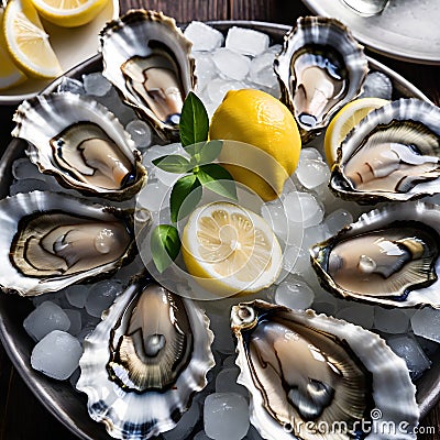 Seafood dish with oysters and Meyer lemon slices on ice Stock Photo