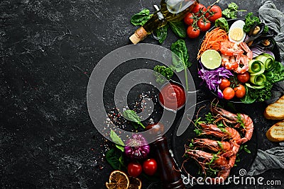Seafood dishes. Asian cuisine. Top view. Stock Photo