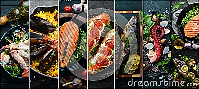 Seafood dishes: salmon, Dorado, octopus, mussels. Stock Photo