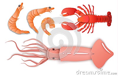 Seafood in fashionable layers of paper, the volume of the style. Vector icons shrimp, squid, octopus, lobster Vector Illustration