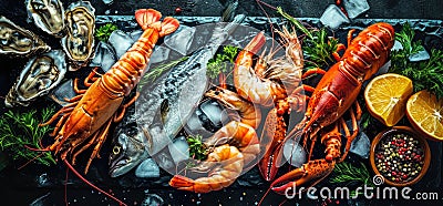 seafood. fish, lobster, shrimps and oysters with seasoning on black stone slate with ice Stock Photo