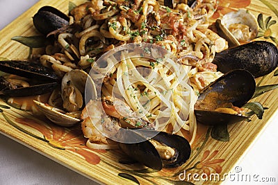 Seafood Fra Diavolo with Linguine Stock Photo