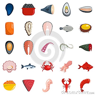 Seafood fresh fish food icons set isolated Cartoon Illustration