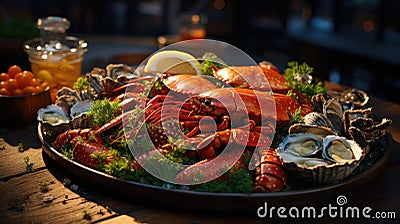 Seafood with fresh lobster, mussels, oysters as an ocean gourmet dinner background Stock Photo