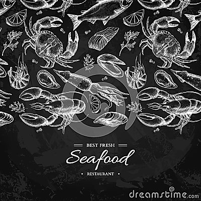 Seafood hand drawn vector illustration. Crab, lobster, shrimp, oyster, mussel, caviar and squid Vector Illustration