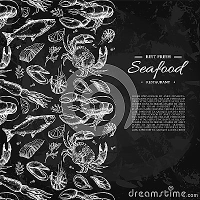 Seafood hand drawn vector illustration. Crab, lobster, shrimp, oyster, mussel, caviar and squid Vector Illustration