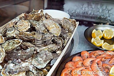 Seafood on ice at the fish market Stock Photo