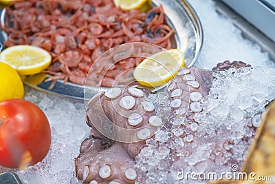 Seafood on ice at the fish restaurant. Octopus and shrimps on ice at restaraunt stand. Mediterranean sea food restaraunt Stock Photo