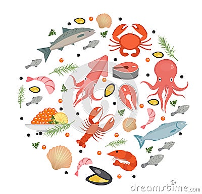 Seafood icons set in round shape, flat style. Sea food collection isolated Vector Illustration