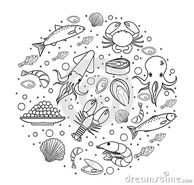 Seafood icons set in round shape, line, sketch, doodle style. Sea food collection Vector Illustration