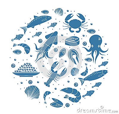 Seafood icons set in round shape,silhouette. Sea food collection isolated on white background. Fish products, marine Vector Illustration