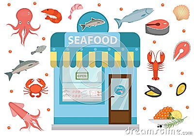 Seafood icons set with shop building, fish, octopus, squid, shrimp, crab. Isolated on white background. Vecto Vector Illustration